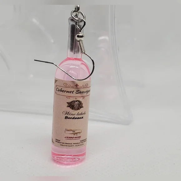 Pink Wine Bottle Earrings, New - Picture 2 of 2
